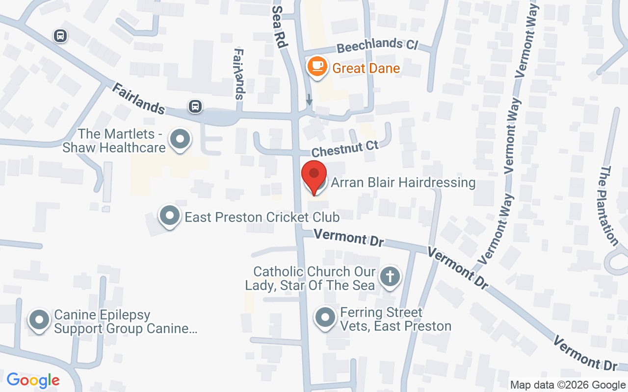 Map showing the location of Arran Blair Hairdressing East Preston West Sussex