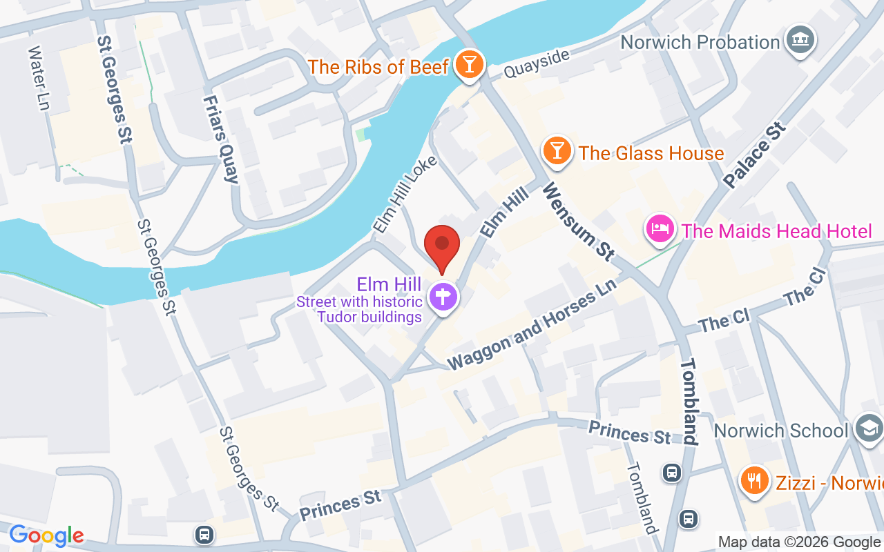 Map showing the location of John Olivers – Norwich – Elm Hill