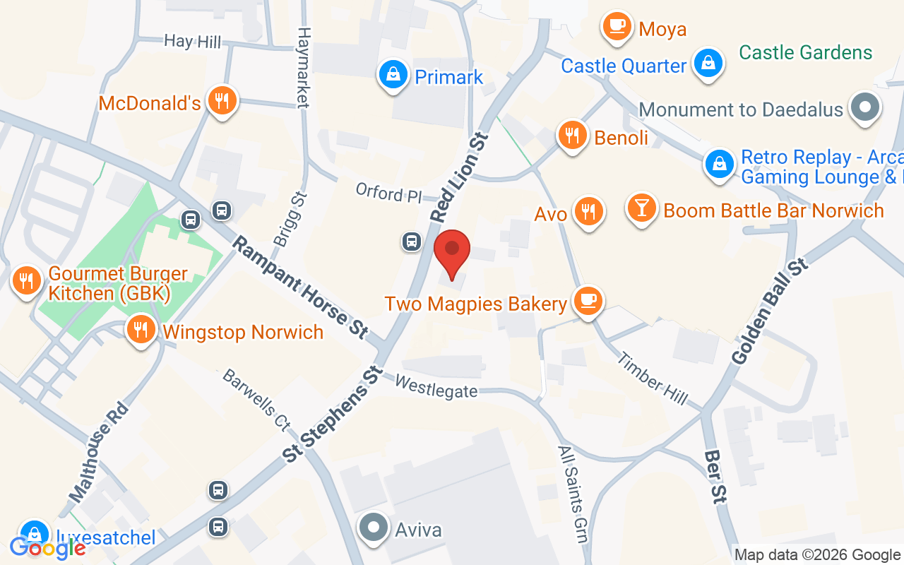 Map showing the location of John Olivers – Norwich – Red Lion Street
