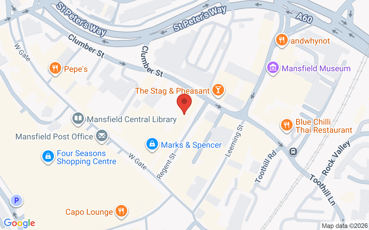 Map showing the location of Mark Leeson Hair Body & Mind – Mansfield