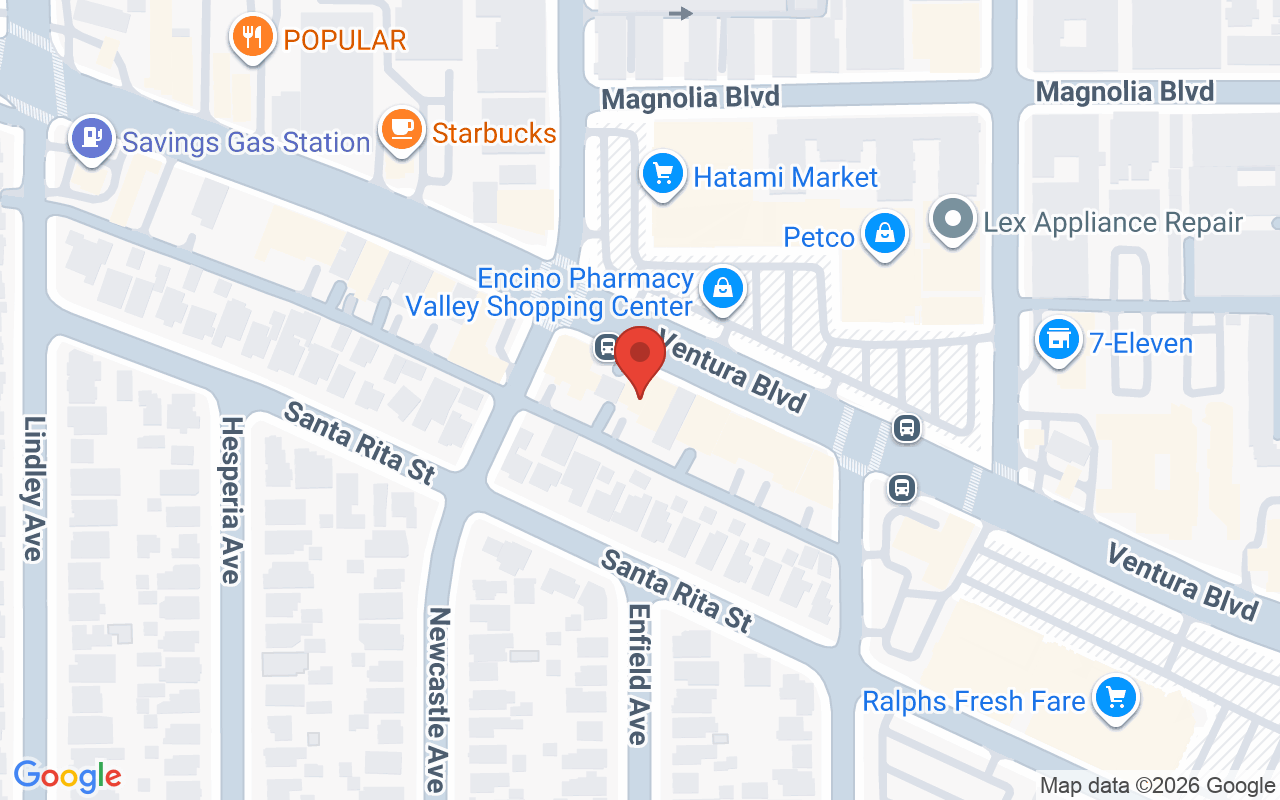 Map showing the location of Mitra Hair Salon. Encino