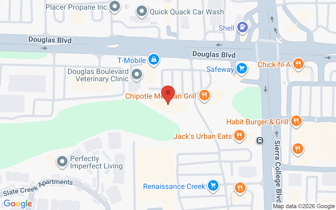 Map showing the location of Nevaeh Hair Salon Roseville CA