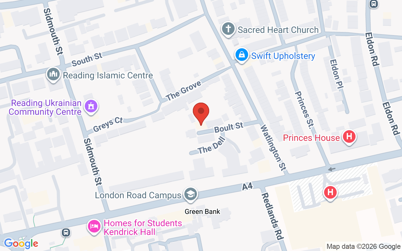 Map showing the location of Reading Beauty Salon