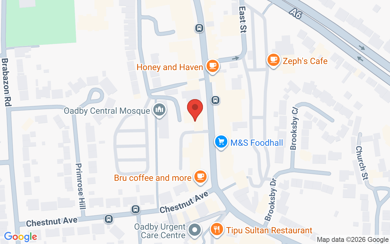Map showing the location of Shapes Hairdressing, Oadby Leicester