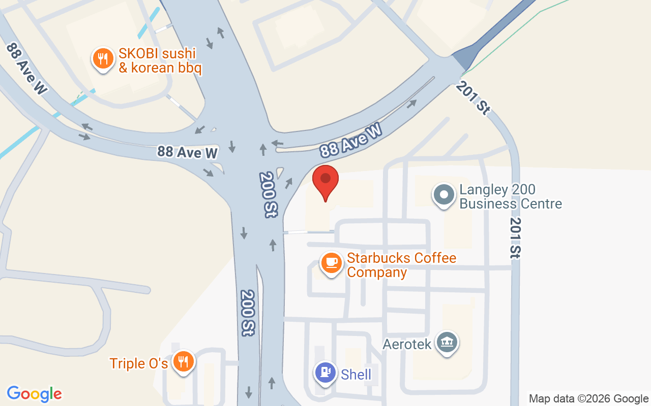 Map showing the location of Vivid Hair Boutique and Blow Dry Bar, Langley BC Canada