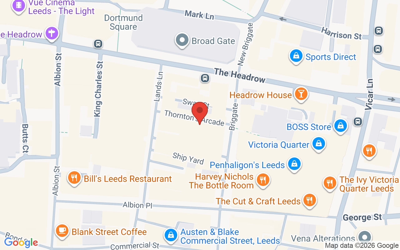 Map showing the location of Westrow, Thornton’s Arcade, Leeds