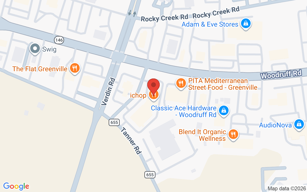 Map showing the location of Wisteria Salon Spa – Woodruff Pointe