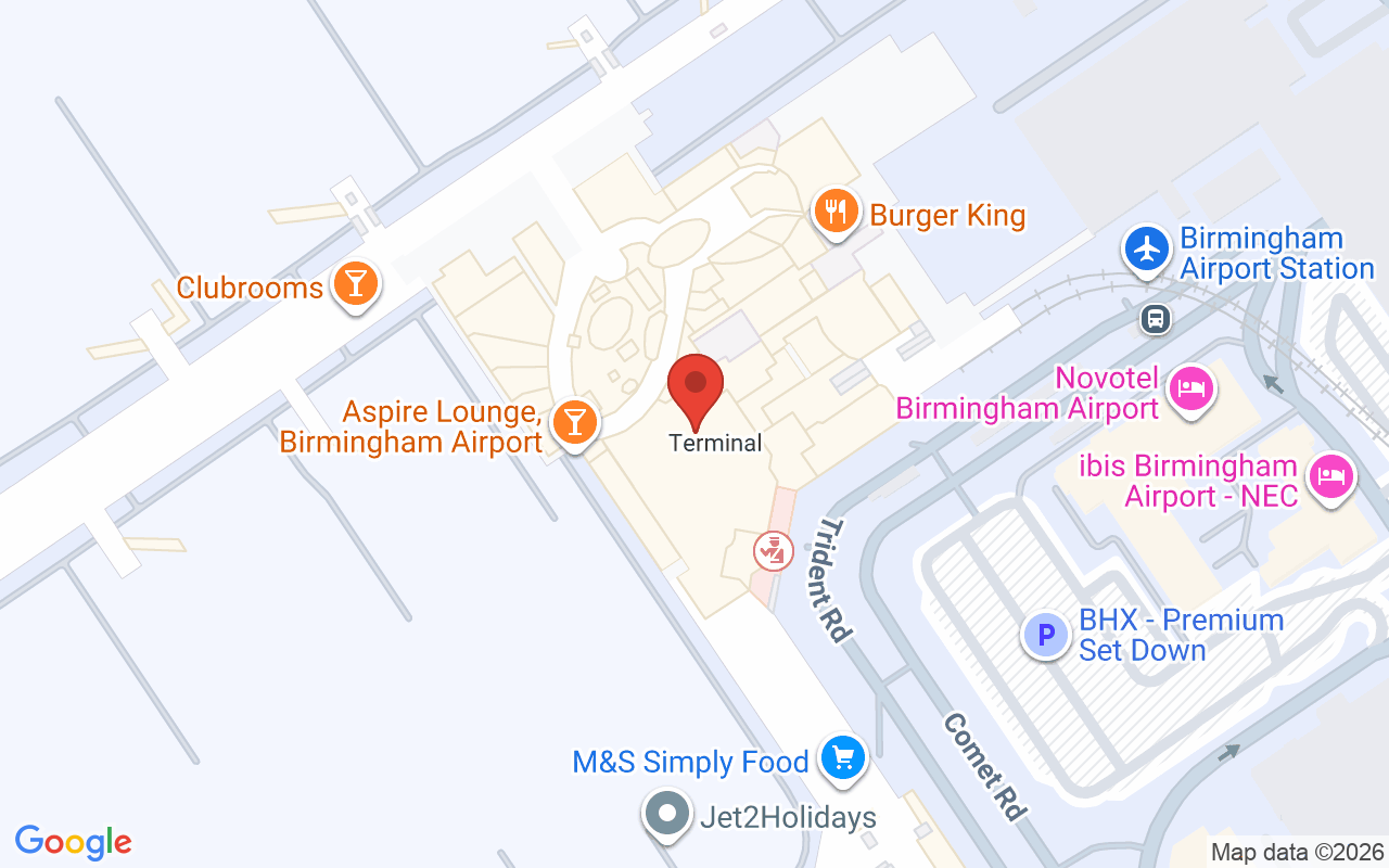 Map showing the location of Birmingham Airport (departure Lounge)