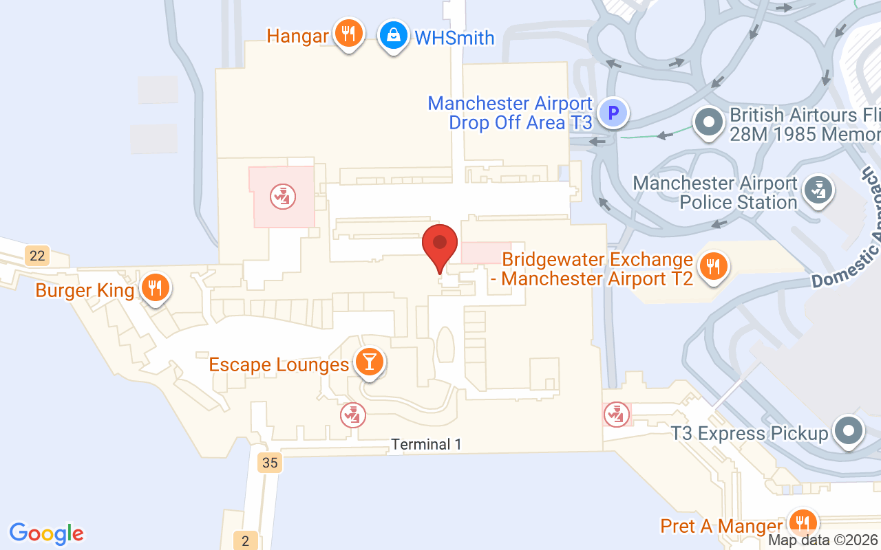 Map showing the location of Manchester Airport (Terminal 1 Departures)