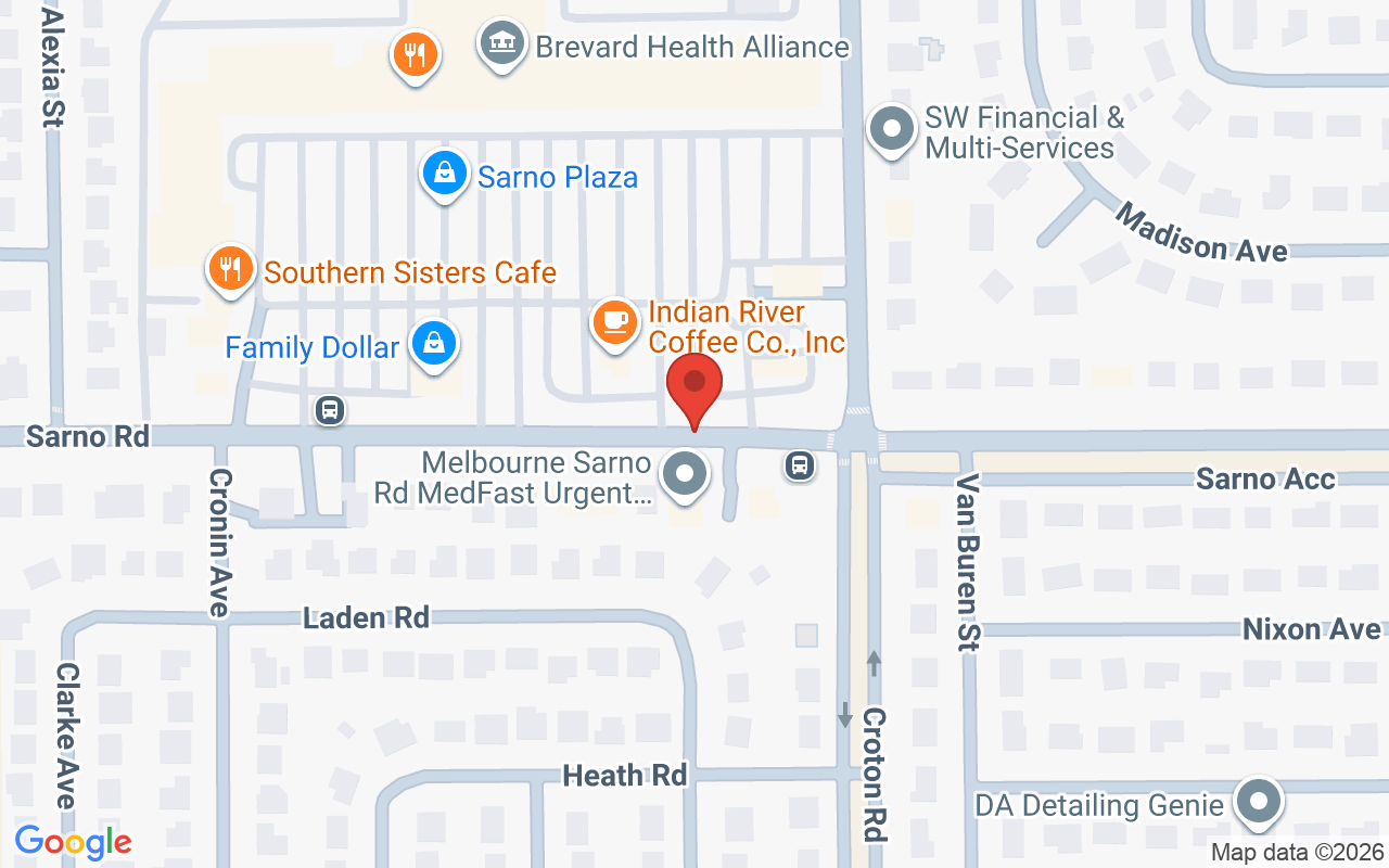 Map showing the location of Melburne Barber Shop and Salon