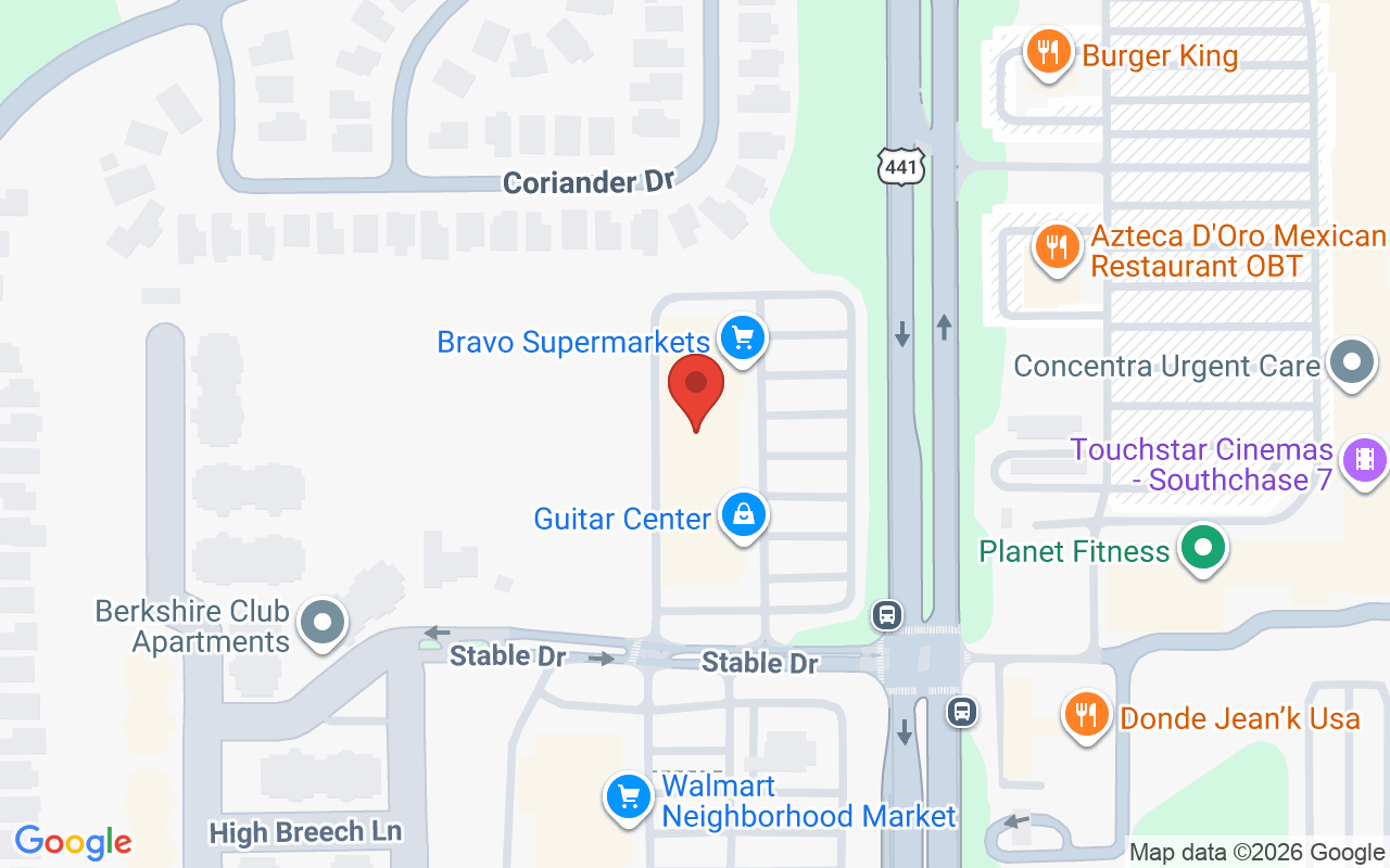 Map showing the location of J Sterling’s Massage and Facial Spa – South Orlando