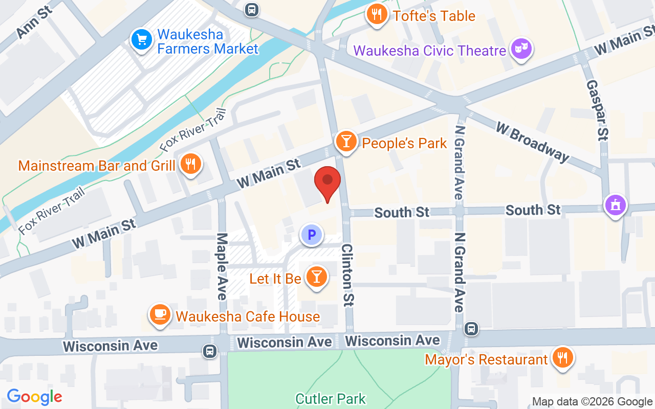 Map showing the location of The Leatherstrop Barbershop, Waukesha, WI, USA