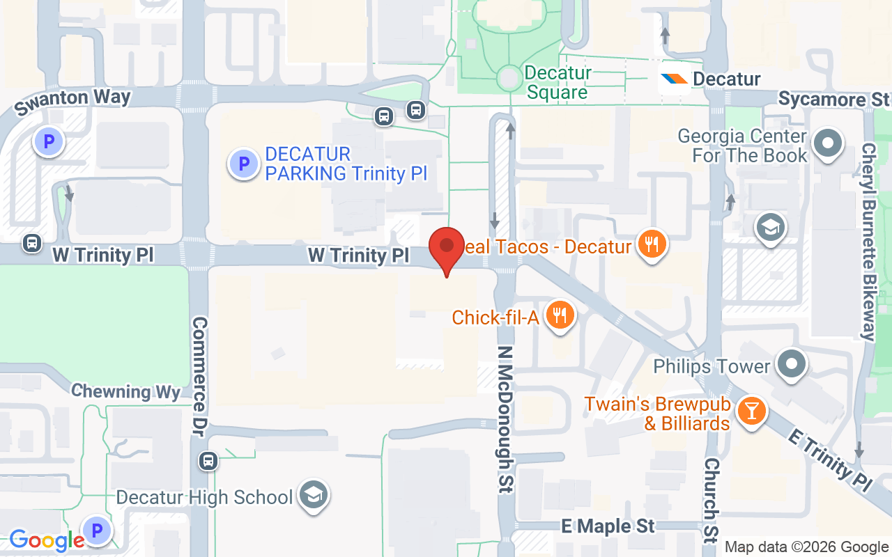 Map showing the location of Ruby Hair Salon: Expert Haircuts, Coloring, & Styling in Downtown Decatur, GA